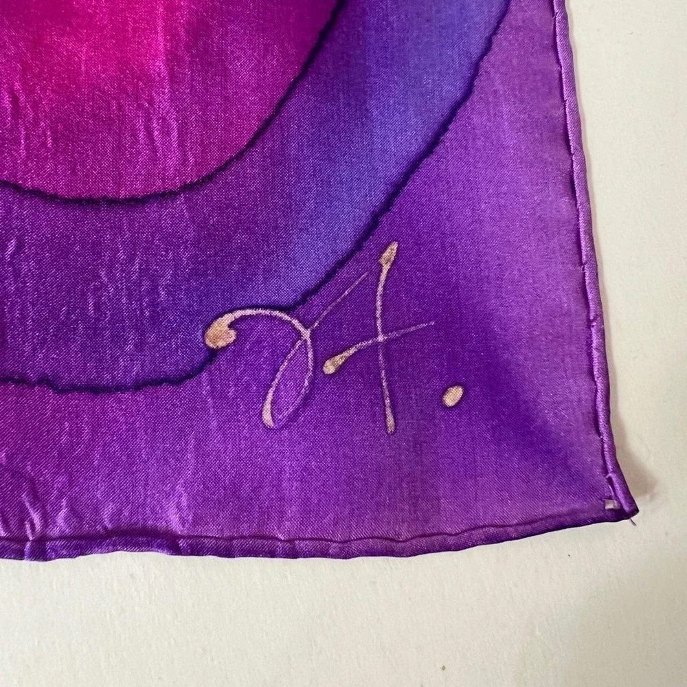 Handpainted Silk Floral Scarf Signed JT Purple Orange Green 8 x 72